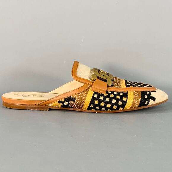 TOD'S Size 11 Tan Multi Color Canvas Abstract Chain Buckle Slip On Flats - Picture 2 of 8